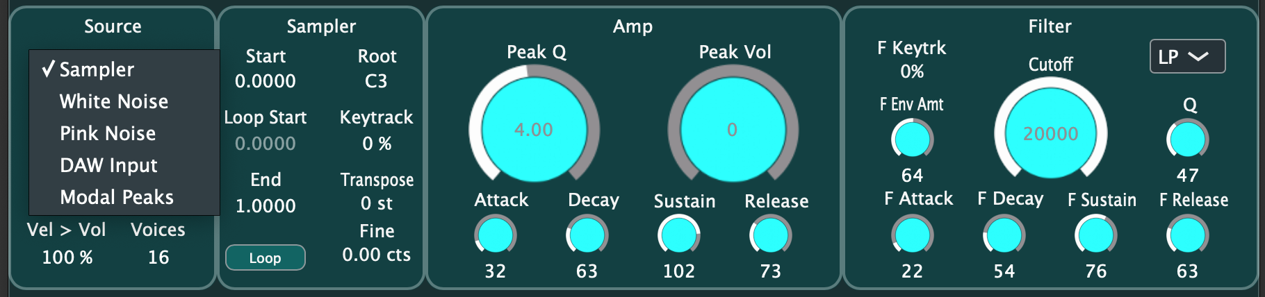Peak-o-Synth — controles e modos de síntese